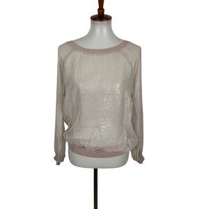 LucyParis Women's Top Large Sheer Mesh Long Sleeve Light Pink Blouse